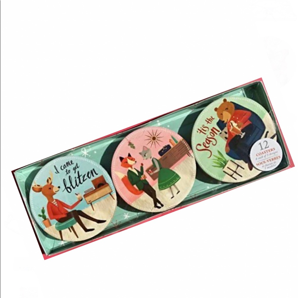Molly & Rex Cork-Based Christmas Animal Retro Party Coasters (16124), 12 ct